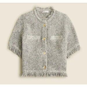 J.Crew Cropped fringe-trim lady jacket‎ in marled yarn grey ivory preppy sz Xs